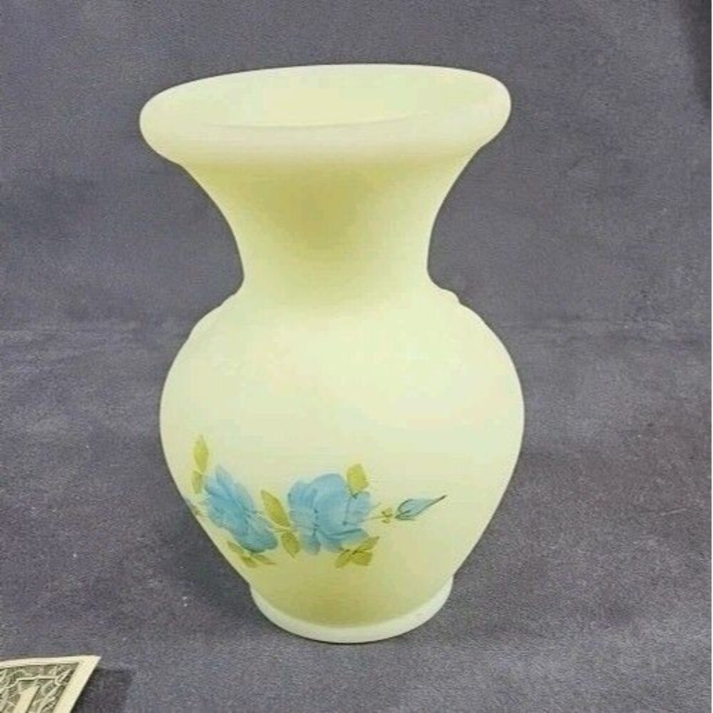 Vtg Yellow Custard Glass Vase Hand Painted Signed By Artist Glows Under Blk Lite